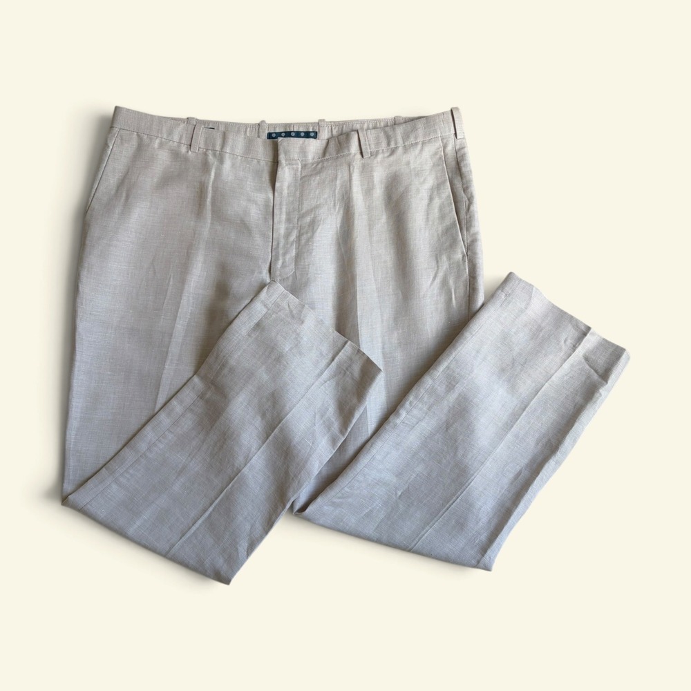 Perry Ellis Men 40x30 Beige Linen Cotton Blend Flat Front Pants Trousers Summer
